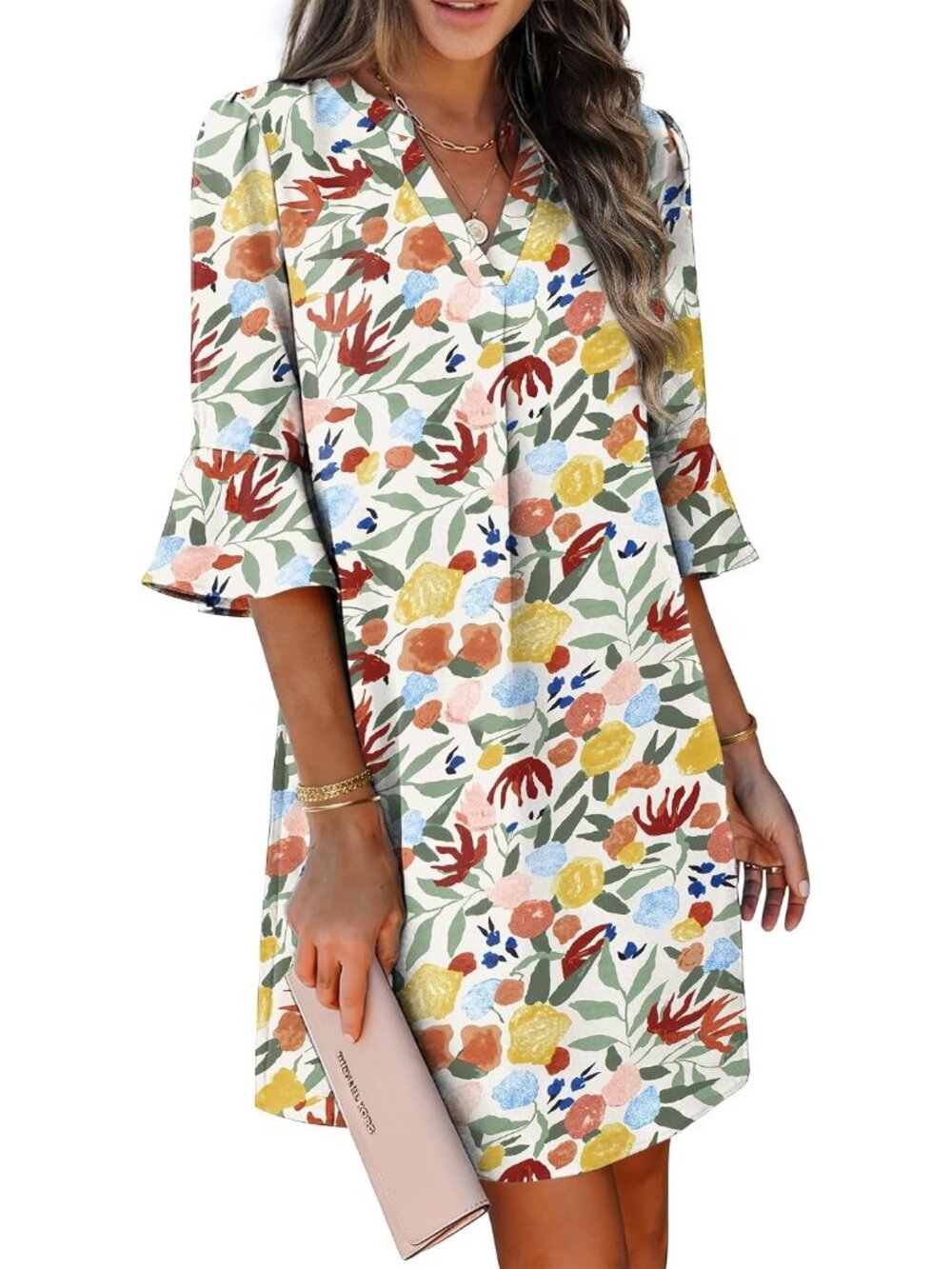 〽️Women's Yellow Floral V Neck Shift Dress Ruffle Sleeve Pocket Summer Sundress